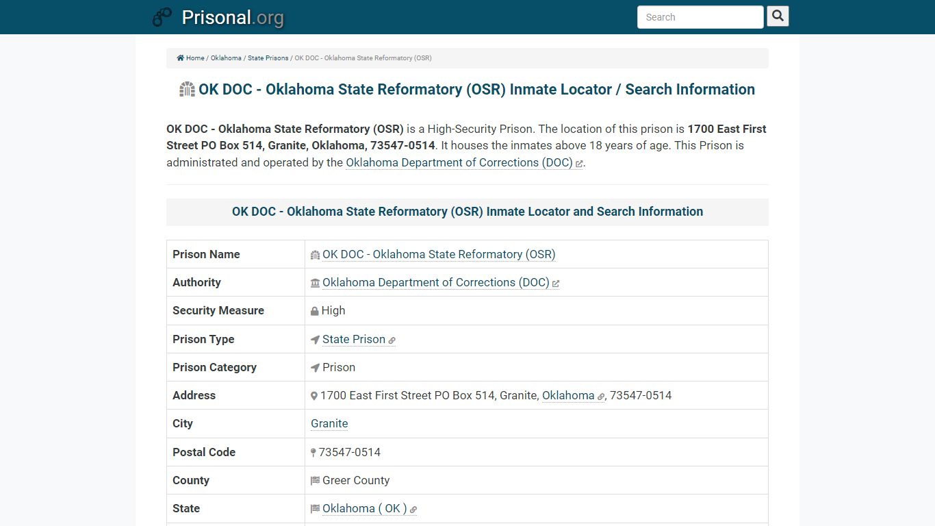 OK DOC - Oklahoma State Reformatory (OSR)-Inmate Locator ...